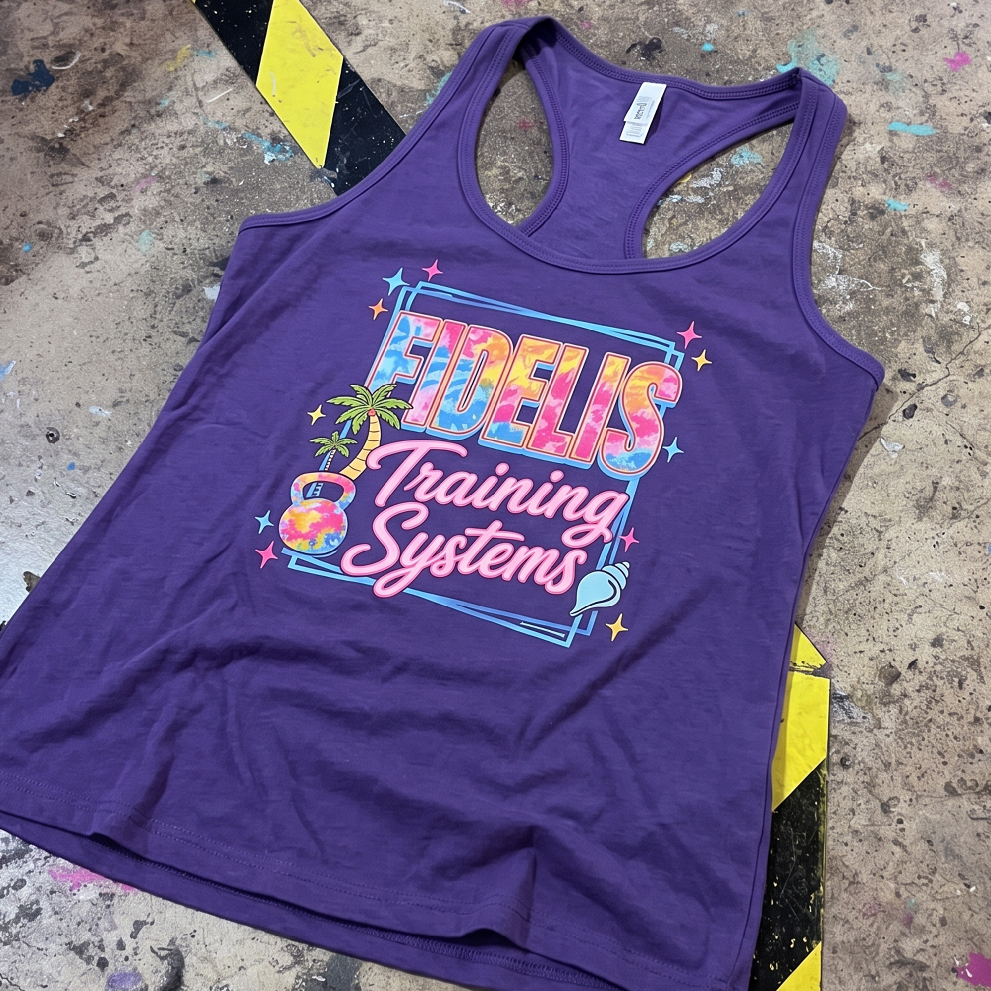 Purple racerback tank with colorful Fidelis Training Systems beach graphic.