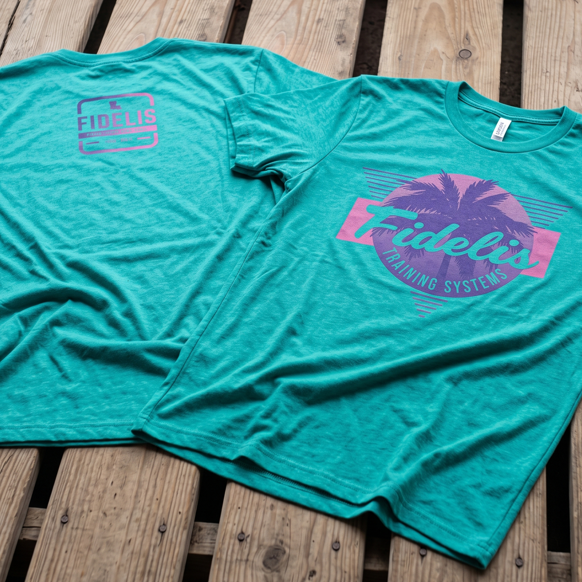 Teal cropped tees with a large palm tree graphic and small Fidelis logo.
