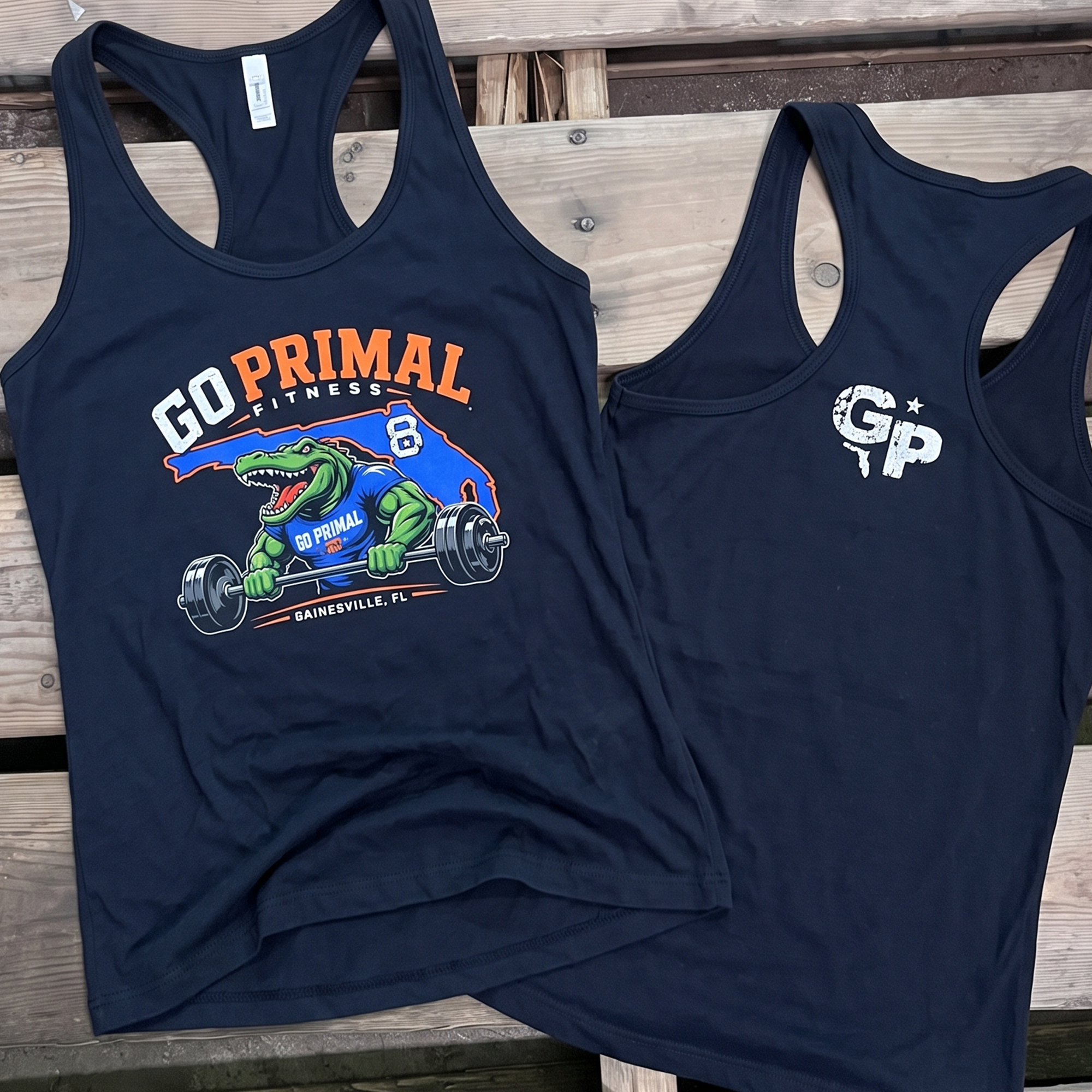 Black Go Primal Fitness racerback tanks with gator weightlifting graphic and back GP logo.