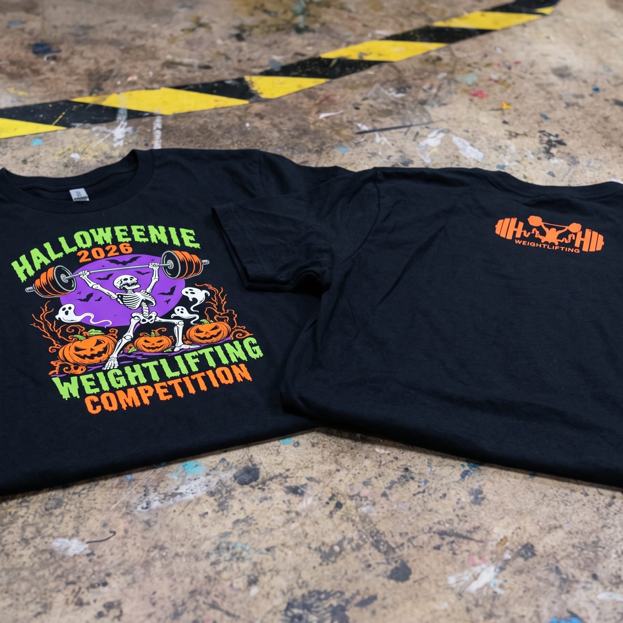 Black Heavy Athletics Halloweenie 2026 weightlifting competition tee with skeleton, barbell, pumpkins and ghosts.