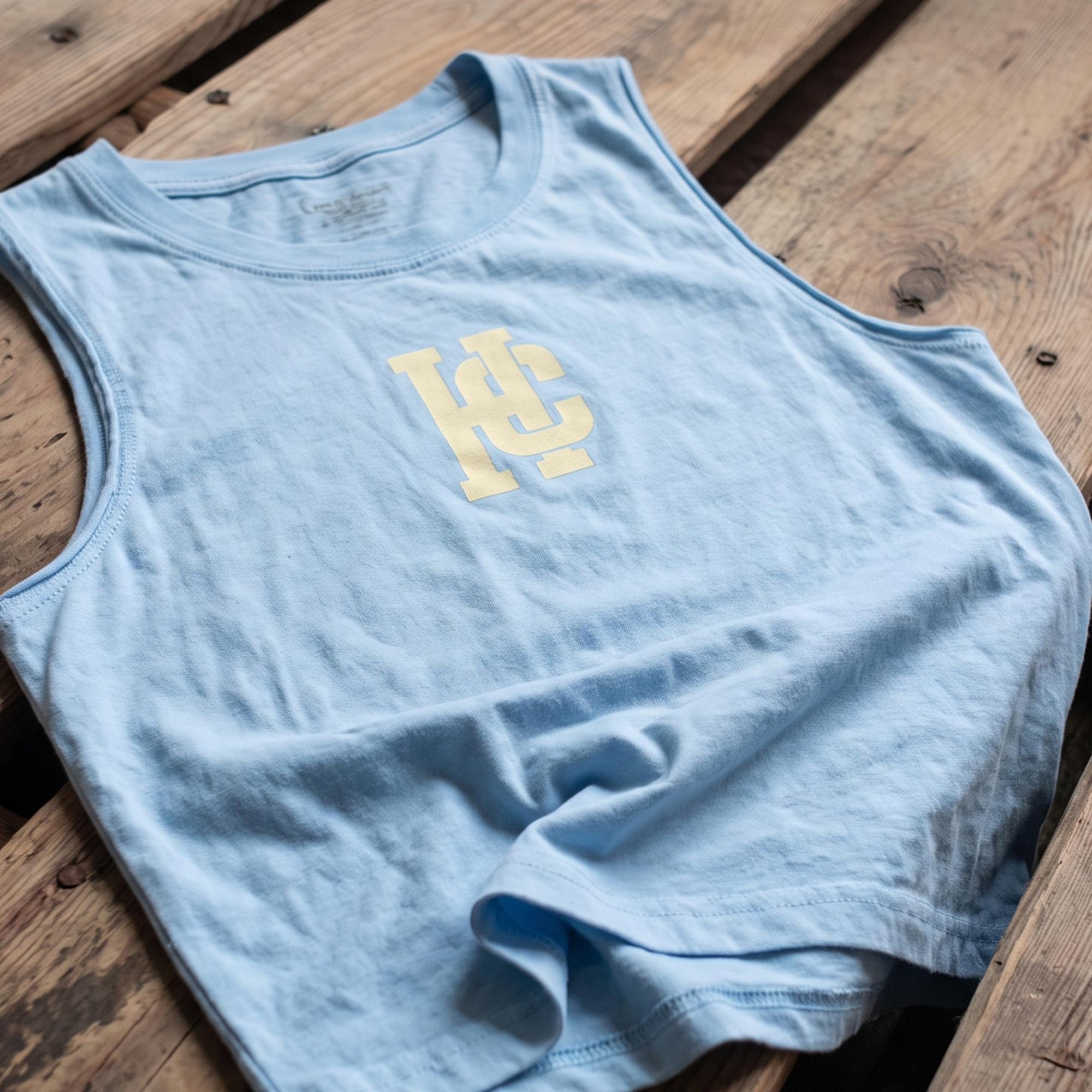 Light blue tank with a cream HC monogram.
