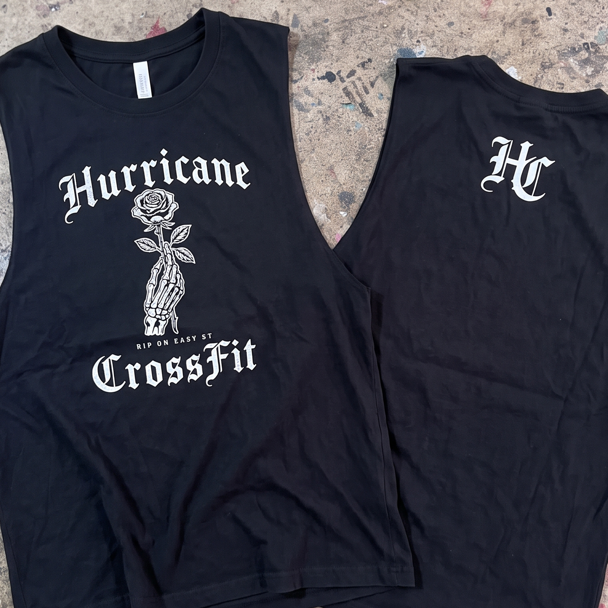 Black Hurricane CrossFit tanks with white gothic rose and skeleton-hand graphic plus HC chest mark.