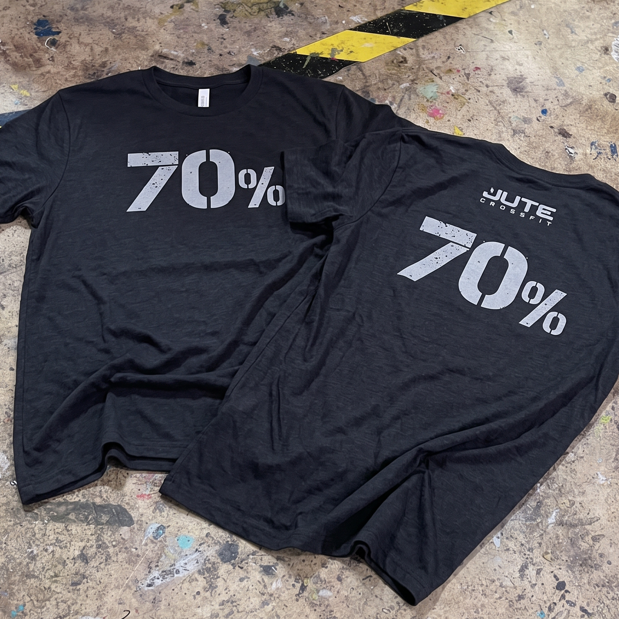 Black tees with distressed gray 70% graphics and Jute CrossFit upper-back print.