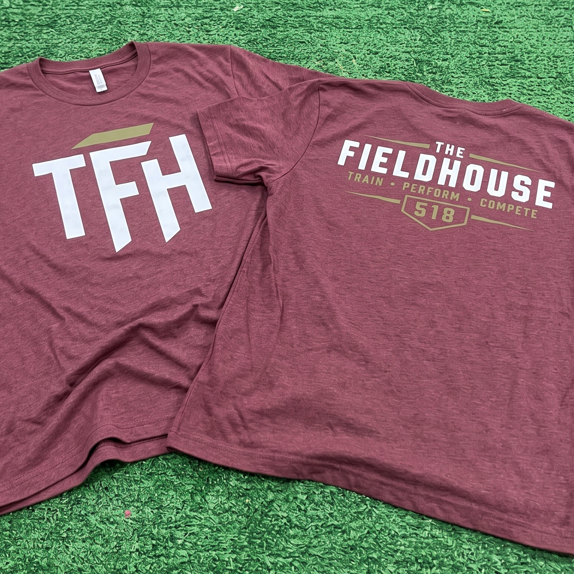 Heather maroon tees with large TFH chest print and Field House 518 back graphic.