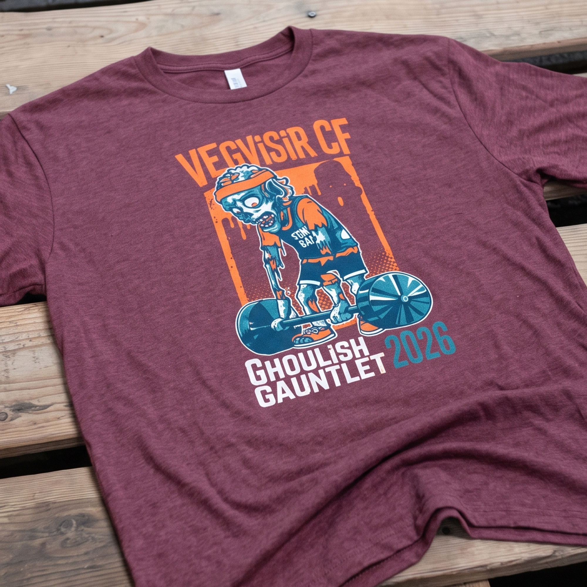 Burgundy tee with zombie weightlifter Ghoulish Gauntlet 2026 graphic.
