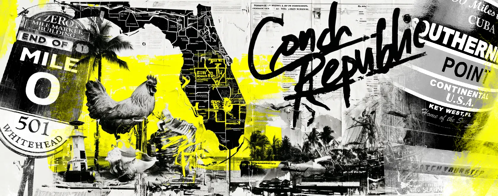 Key West visual history collage for Iron Key with island symbols, tropical animals, Conch Republic energy, and historic Florida Keys references