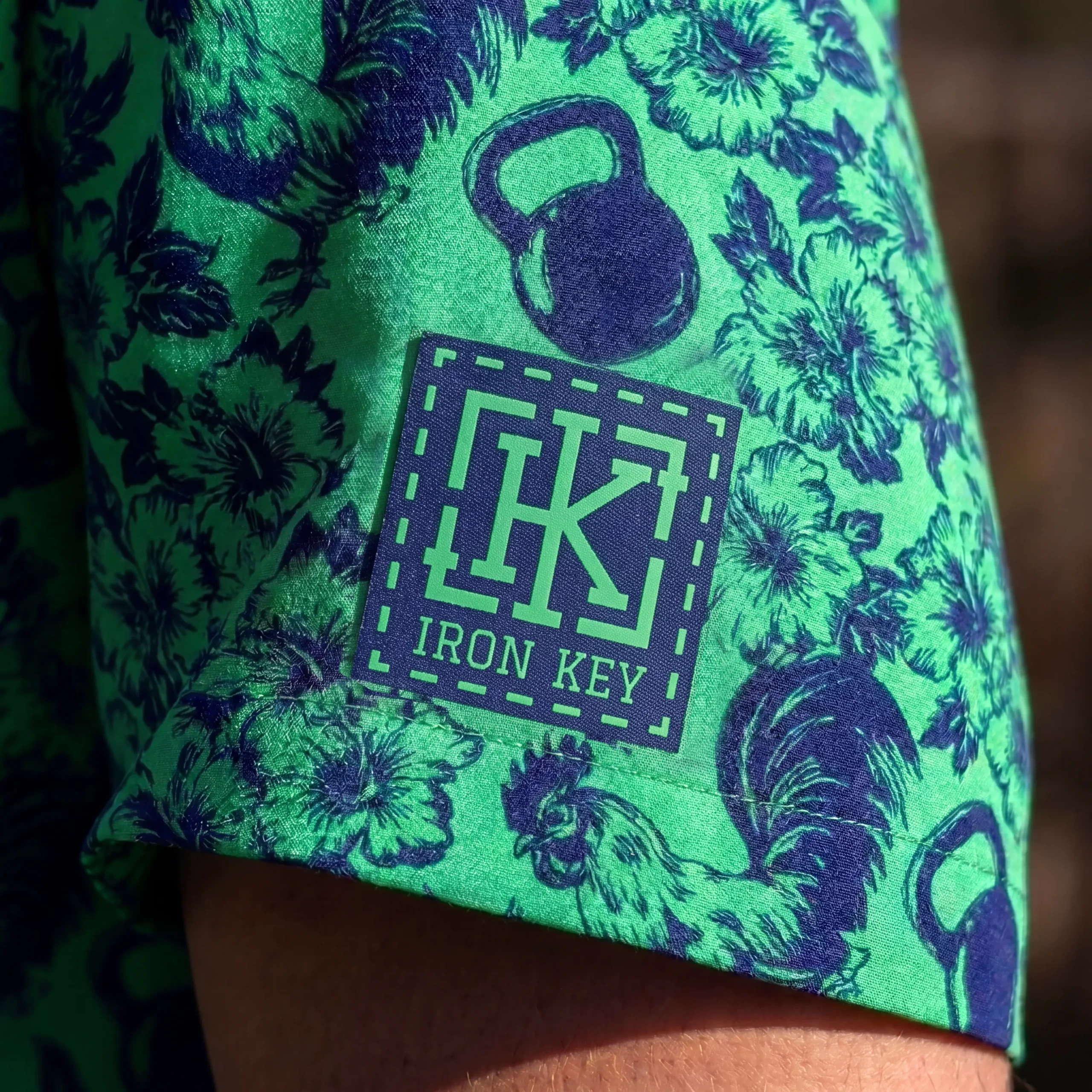Close-up of sewn tag on Iron Key Keywaiian Shirt
