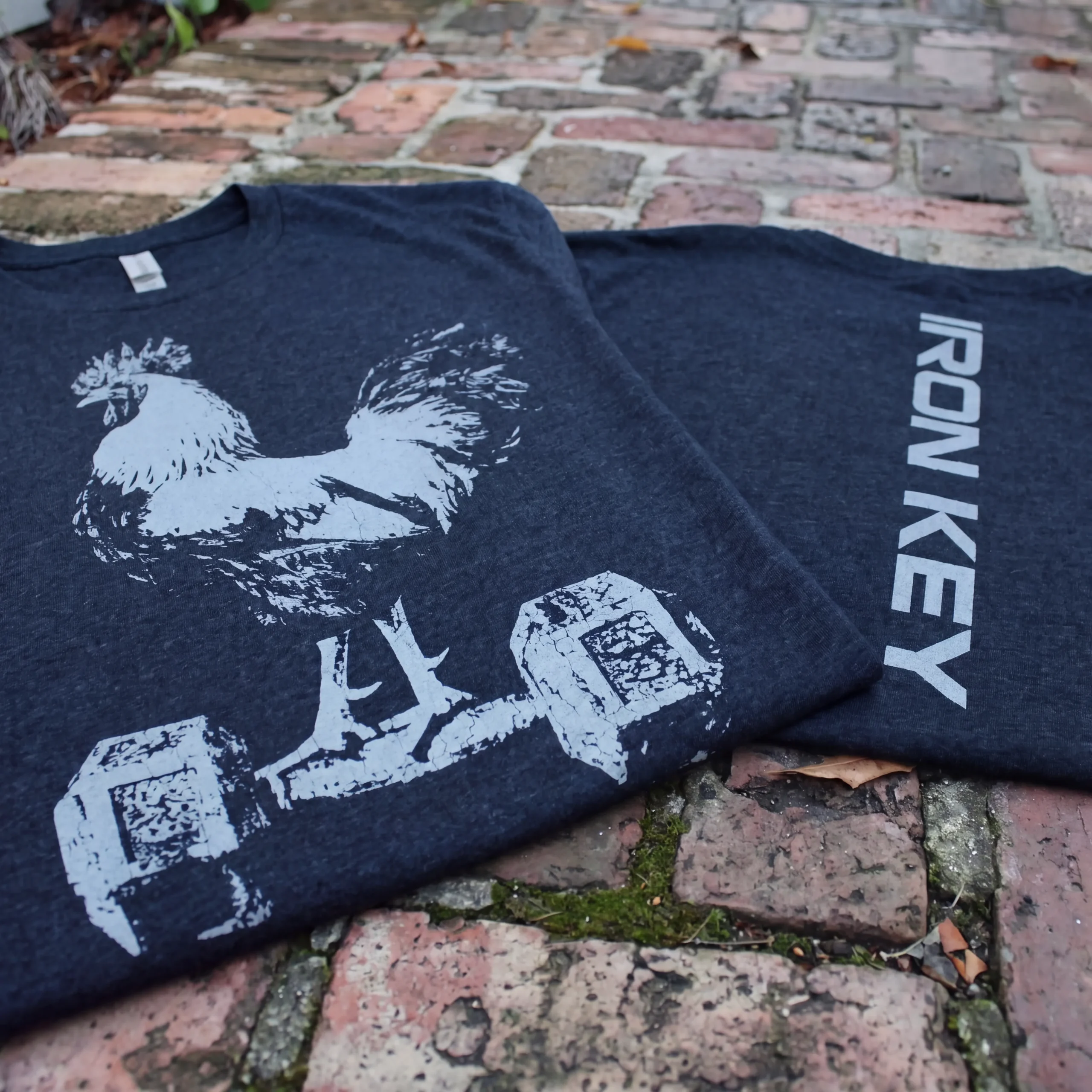 Iron Key Mammoth Chicken shirt photographed in Old Town Key West