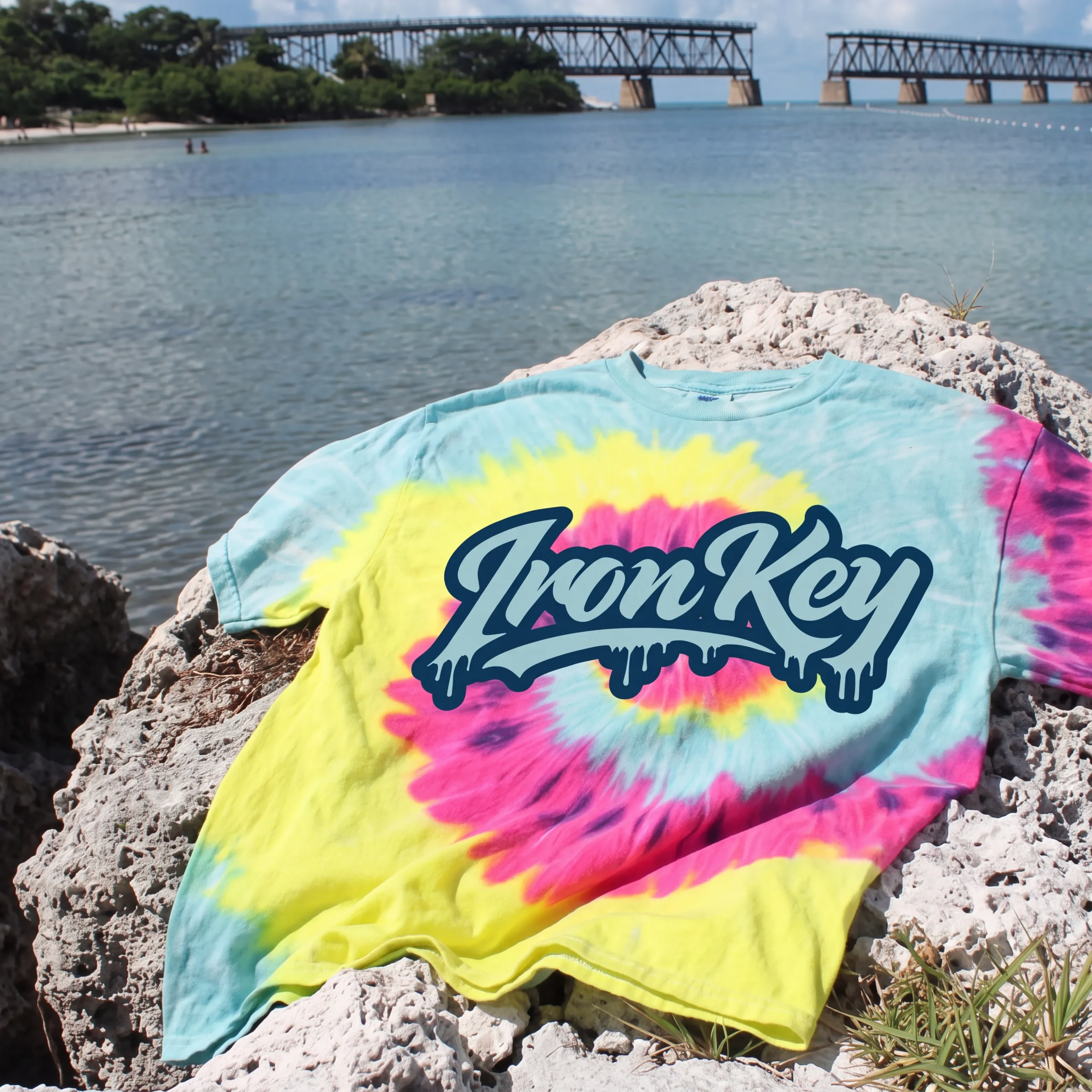 Iron Key Tie Dye Calusa Beach Edition shirt photographed near Bahia Honda